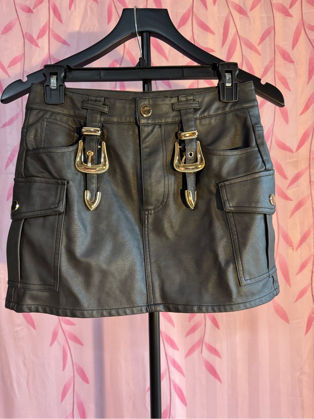 french kyss Black Faux Leather Mini Skirt with Gold Buckle Accents
